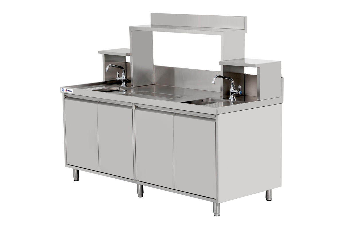 72” x 30” x 34” Bubble Tea Station with 6” Backsplash, Two 15” x 15” x 10” Sinks, Drainage Panels & Overshelves