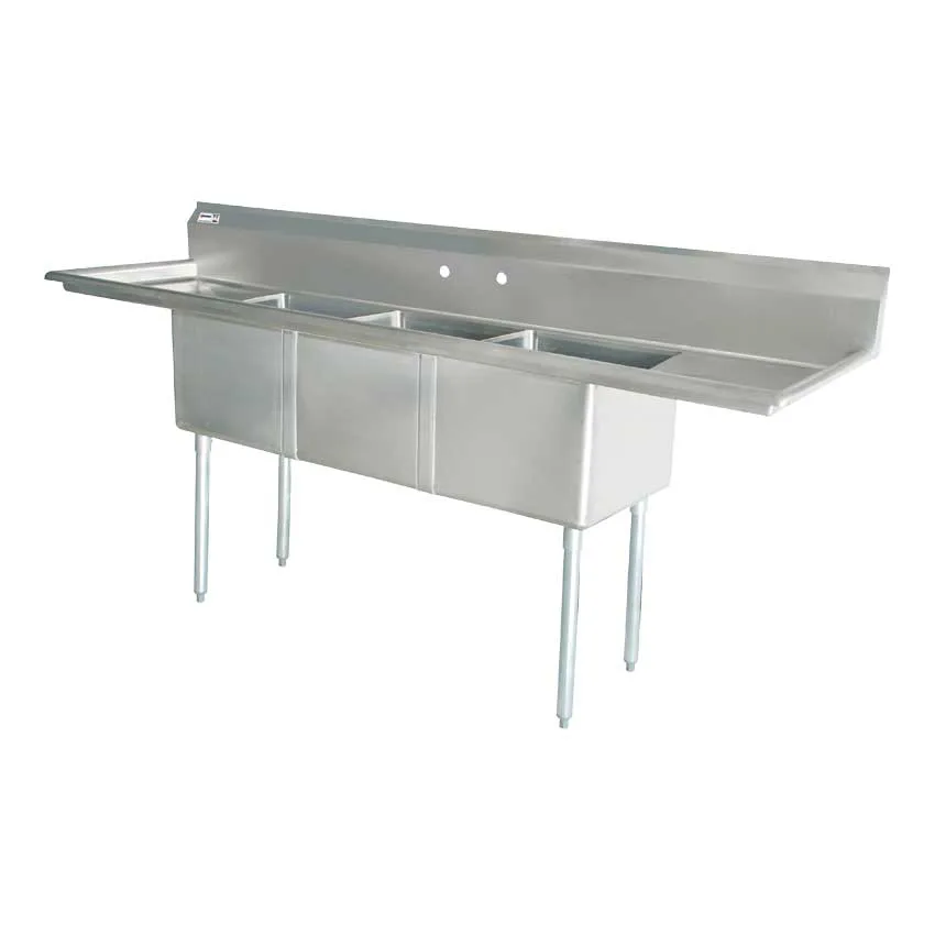 90″ x 23 1/2″ x 44″ Overall (18″ x 18″ x 11″ Tub) 18-gauge stainless steel Three Tub Sink with Center Drain and Two Drainboards