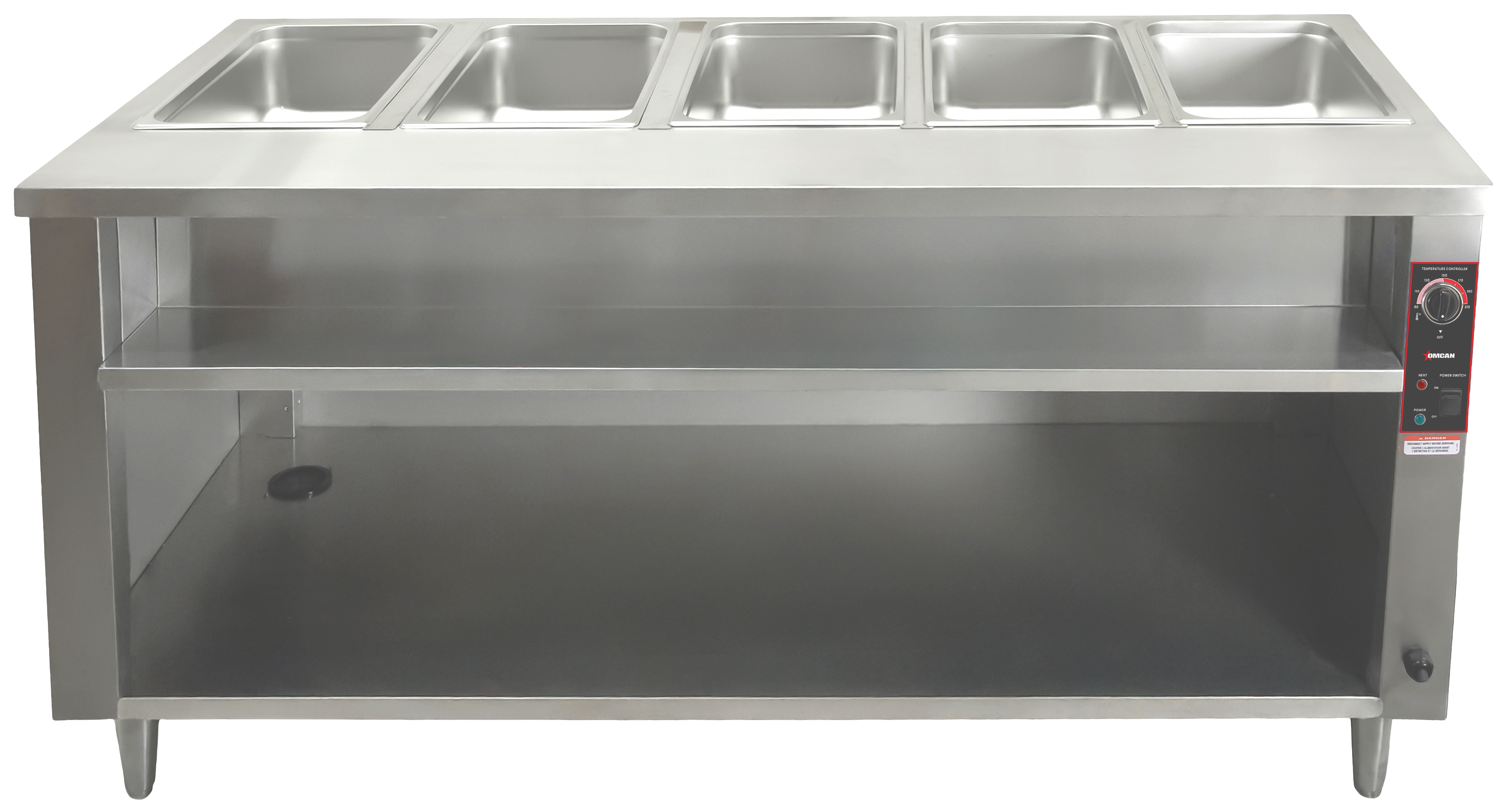 72 " 5 Pan Open Well Electric Steam Table with Cutting Board and Undershelf, 4 kW 3ph, 240V