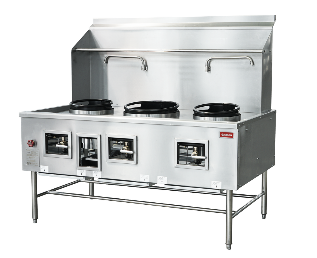 Three Chamber Wok Range with 2 x13″ & 16″ Rings, Backsplash, Faucet, 315,000 BTU – Natural Gas