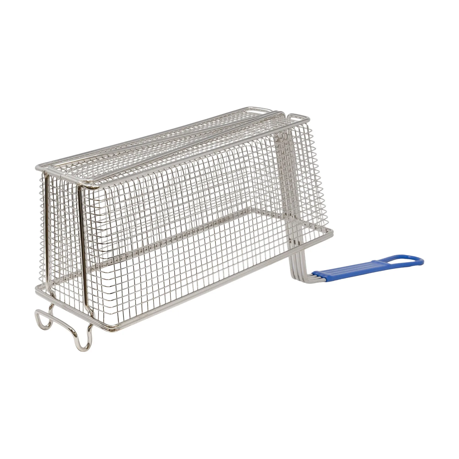 13 1/2″ x 5 1/2″ x 5 1/2″ Nickel-Plated Iron Fryer Basket with Blue Handle