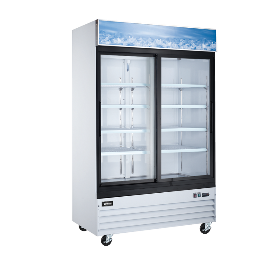 54″ White Display Refrigerator, 2 Sliding Glass Doors, 45 cu.ft (1274 L) Capacity – 110V, 1/4 HP