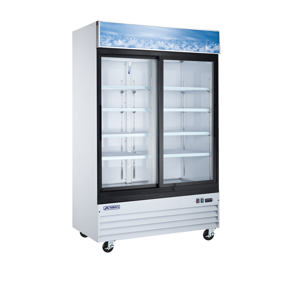 Aurora 54″ Display Refrigerator, 2 Sliding Glass Doors, 45 cu.ft. (1274 L) Capacity with Lightbox, White – 120V, 249W