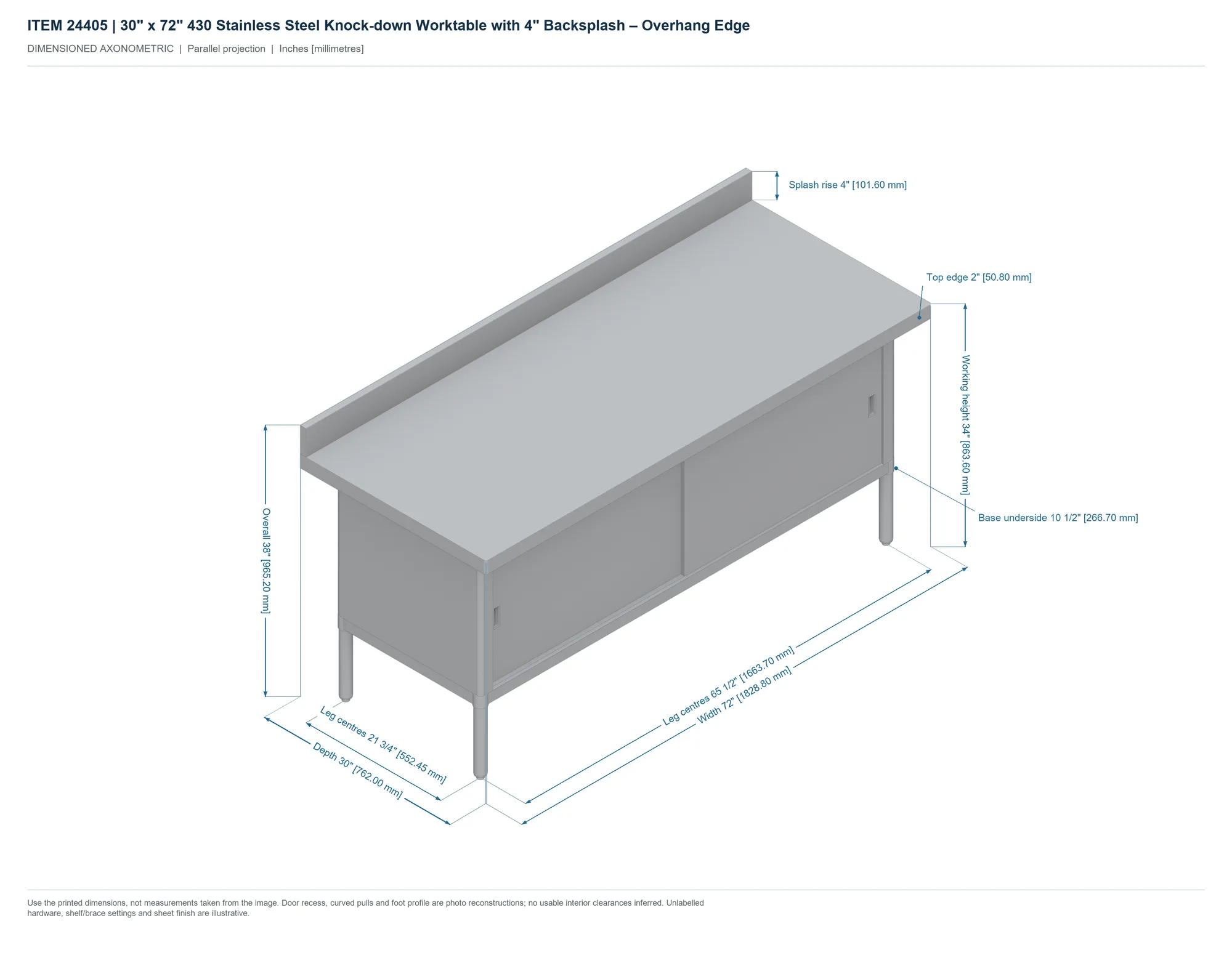 30″ x 72″ 430 Stainless Steel Knock-down Worktable with 4″ Backsplash – Overhang Edge