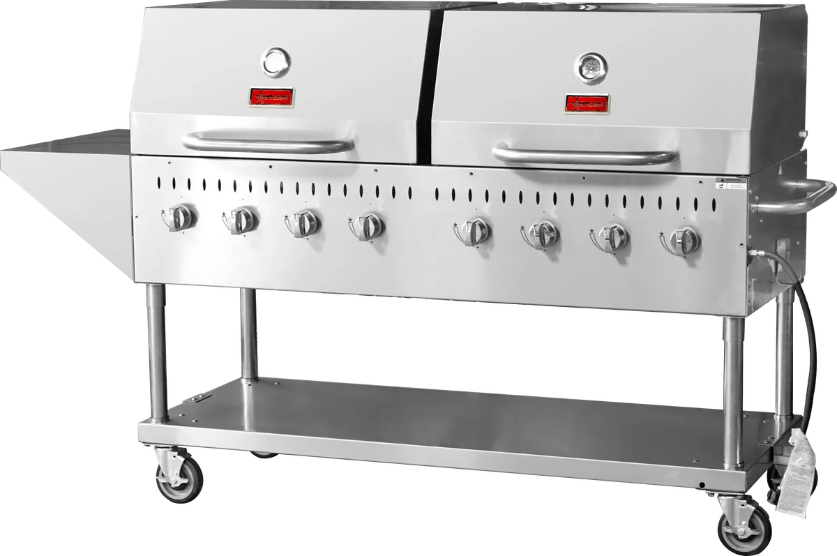 60″ Propane Outdoor BBQ Grill, 8 Burners, 128000 BTU, Top and Side Shelf, 2 Roll Domes