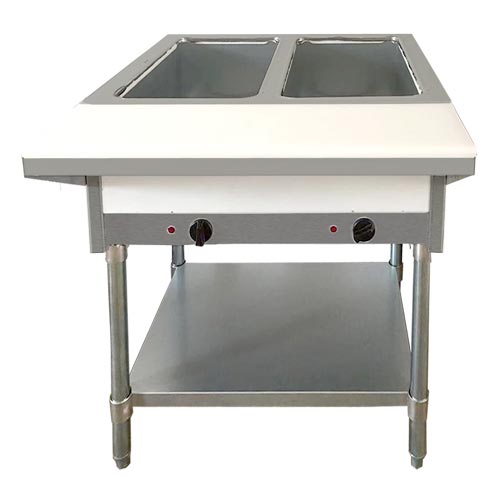 30″ 2 Pan Open Well Electric Steam Table with Cutting Board and Adjustable Undershelf – 240 V, 1 Phase, 2 kW