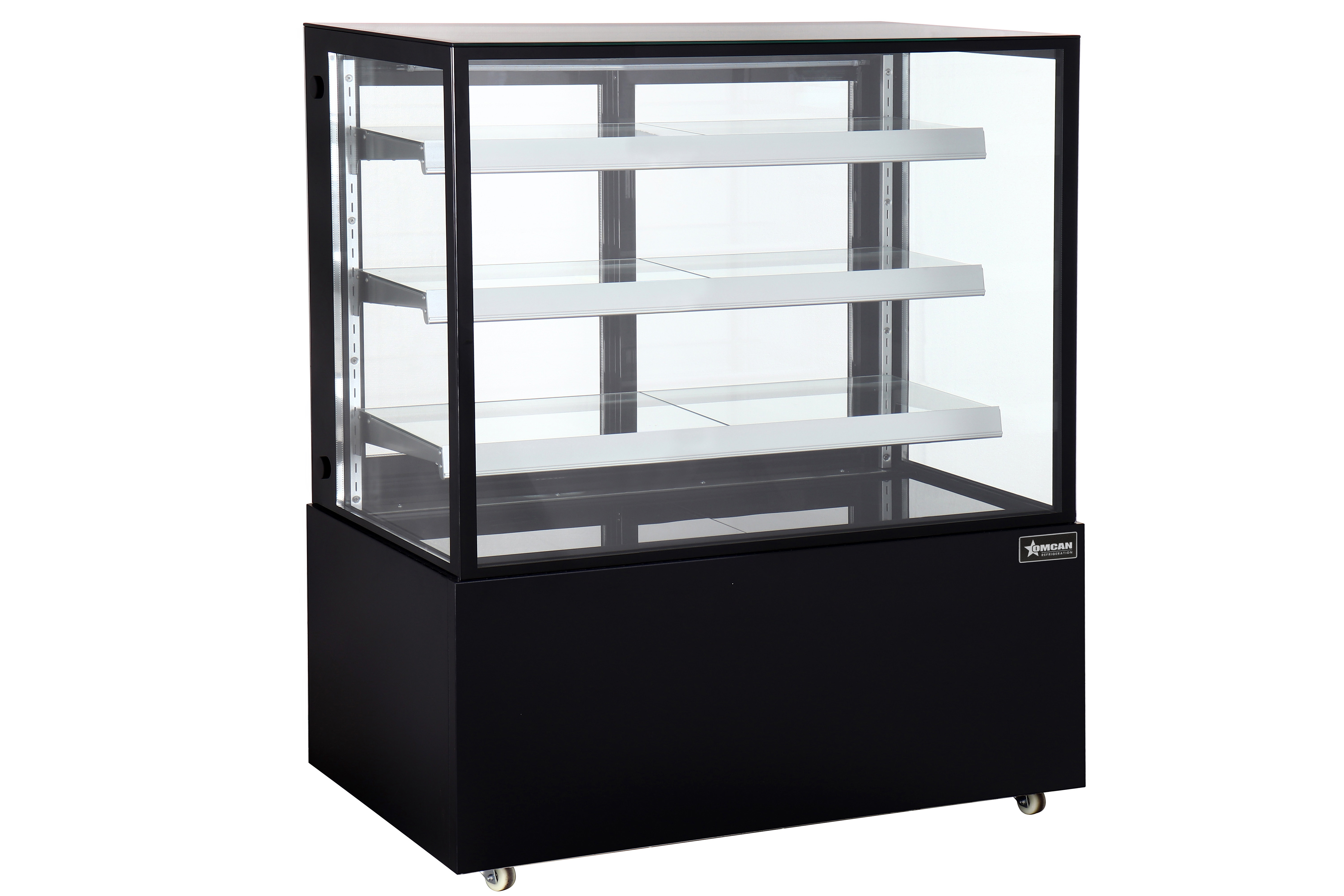 48″ Three (3) Shelf Square Glass Floor Refrigerated Display Case, 18.71 cu.ft. (530 Liter), Stainless steel, Black