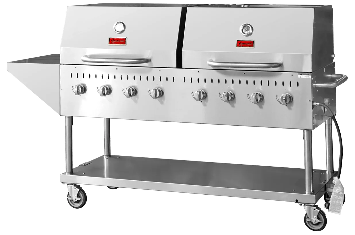 60″ Propane Outdoor BBQ Grill, 8 Burners, 128000 BTU, Top and Side Shelf, 2 Roll Domes