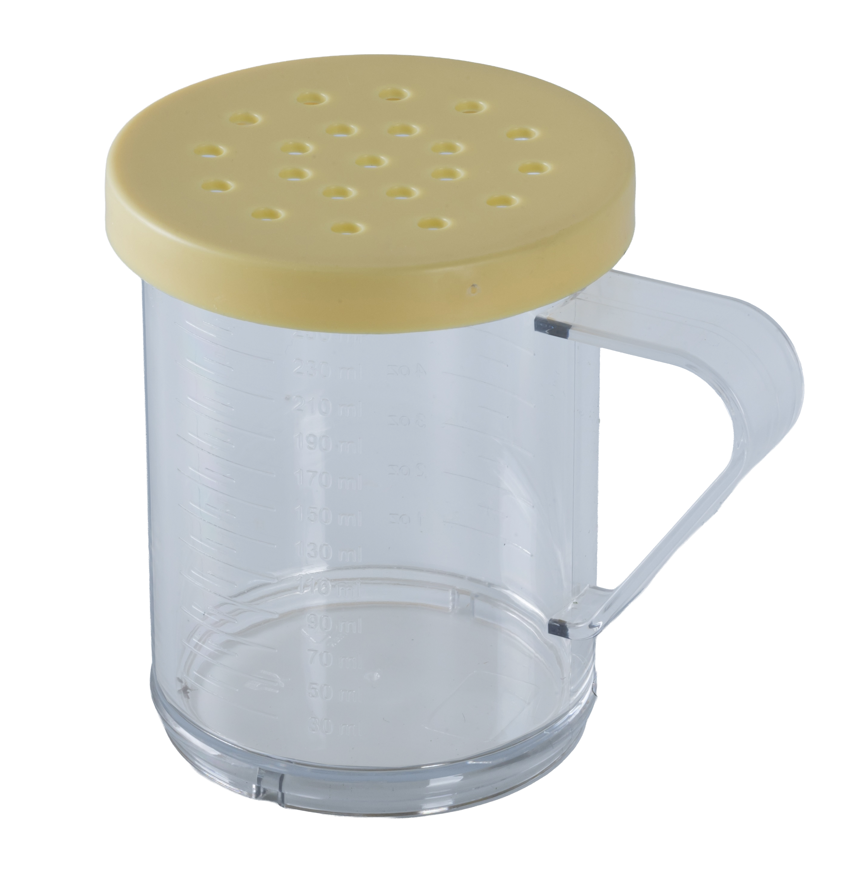 10 oz Polycarbonate Dredge with Yellow Lid & 4 mm Hole for Coarsely Ground Products NSF