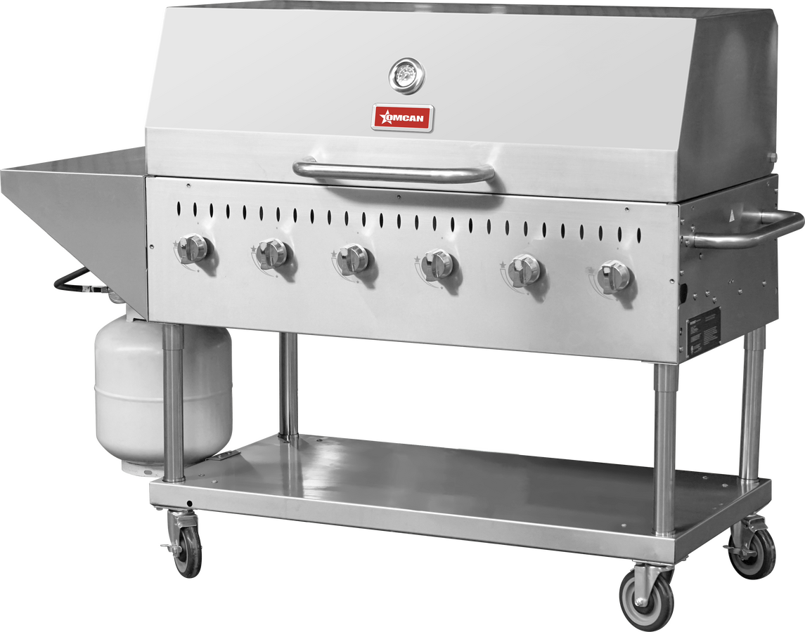 Stainless Steel Propane Outdoor BBQ Grill, 6 Burners, 96000BTU, Top And Side Shelf, 1 Roll Dome