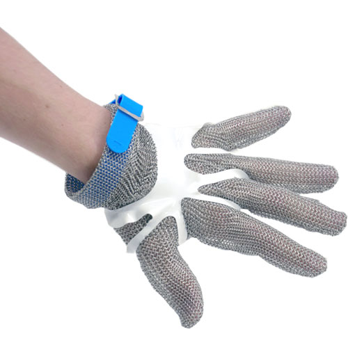 Five Finger Stainless Steel Mesh Glove with Blue Silicone Strap – Large