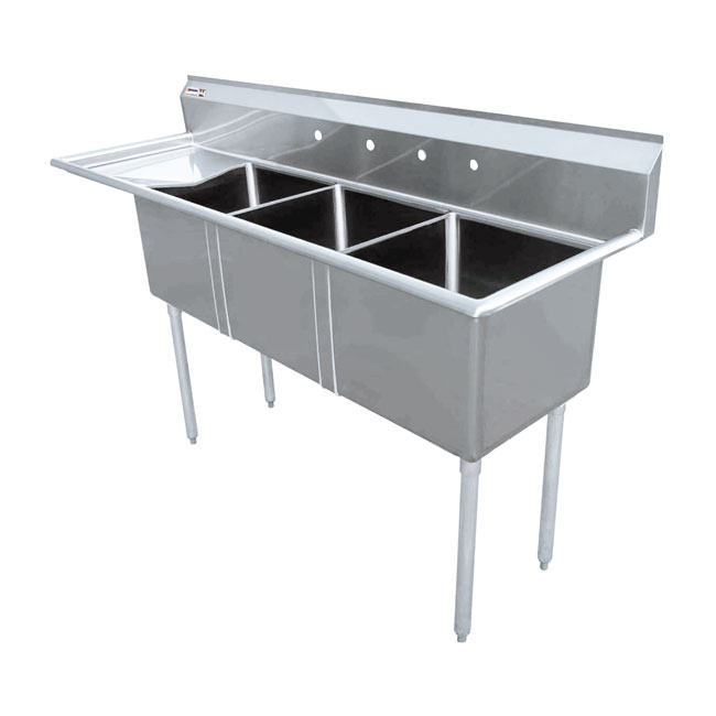 24″ x 24″ x 14″ Stainless Steel Three Tub Sink with 3.5″ Center Drain and Left Drain Board