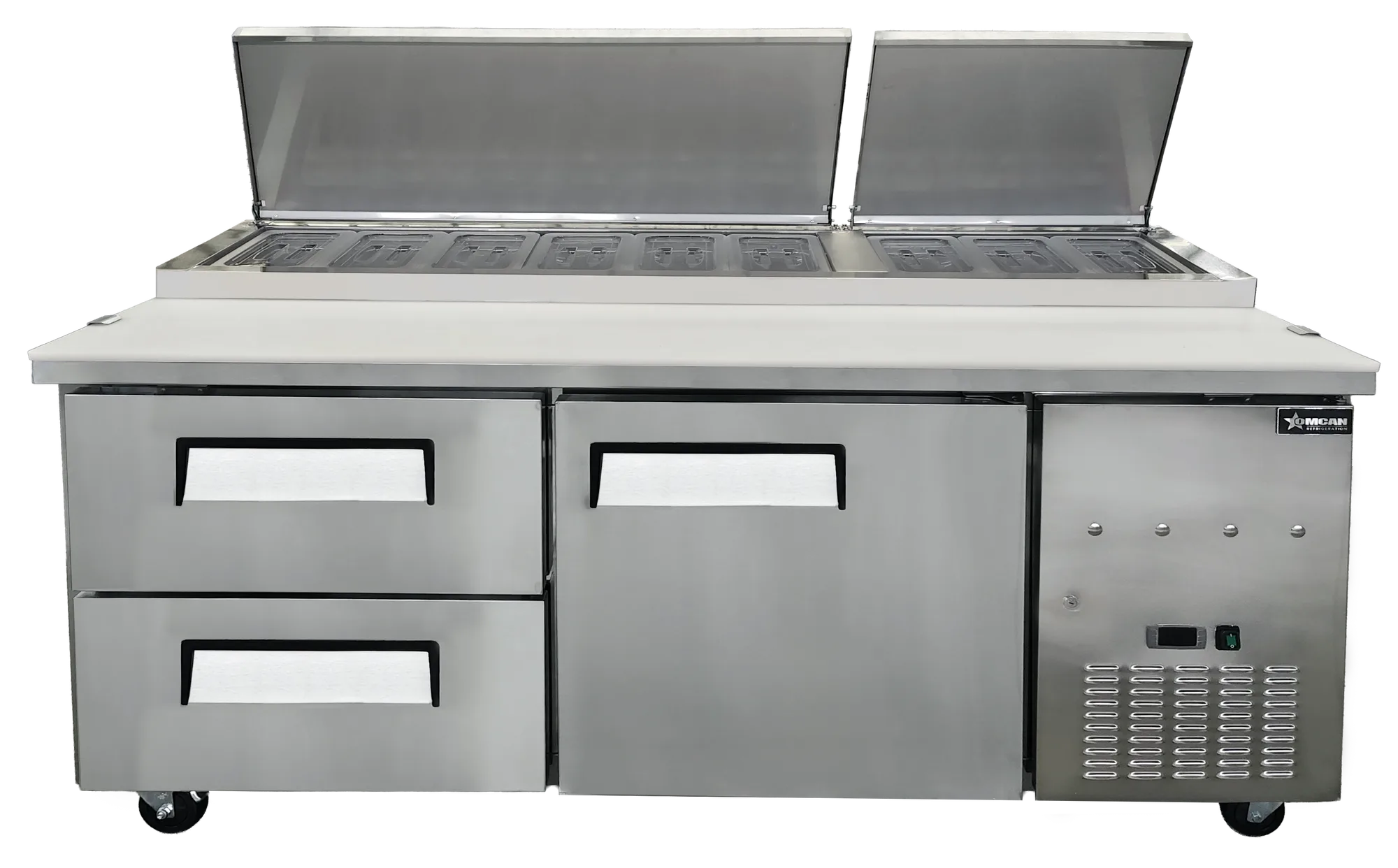 71″ One (1) Door Refrigerated Pizza Prep Table with Drawers, 22 cu. ft. (623 L), Stainless Steel