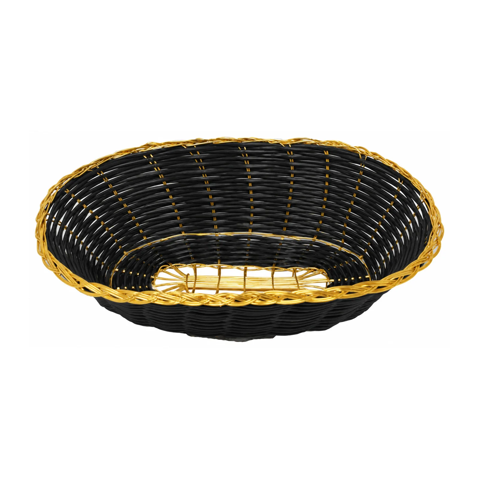 Long Oval Black Woven Basket with Golden Trim 9″ x 6.25″ x 2.25″