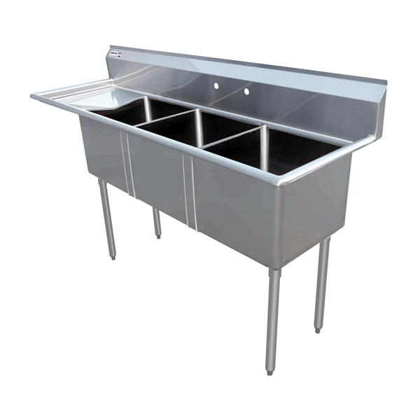 10″ x 14″ x 10″ Three Tub Sink with 3.5″ Center Drain and Left Drain Board