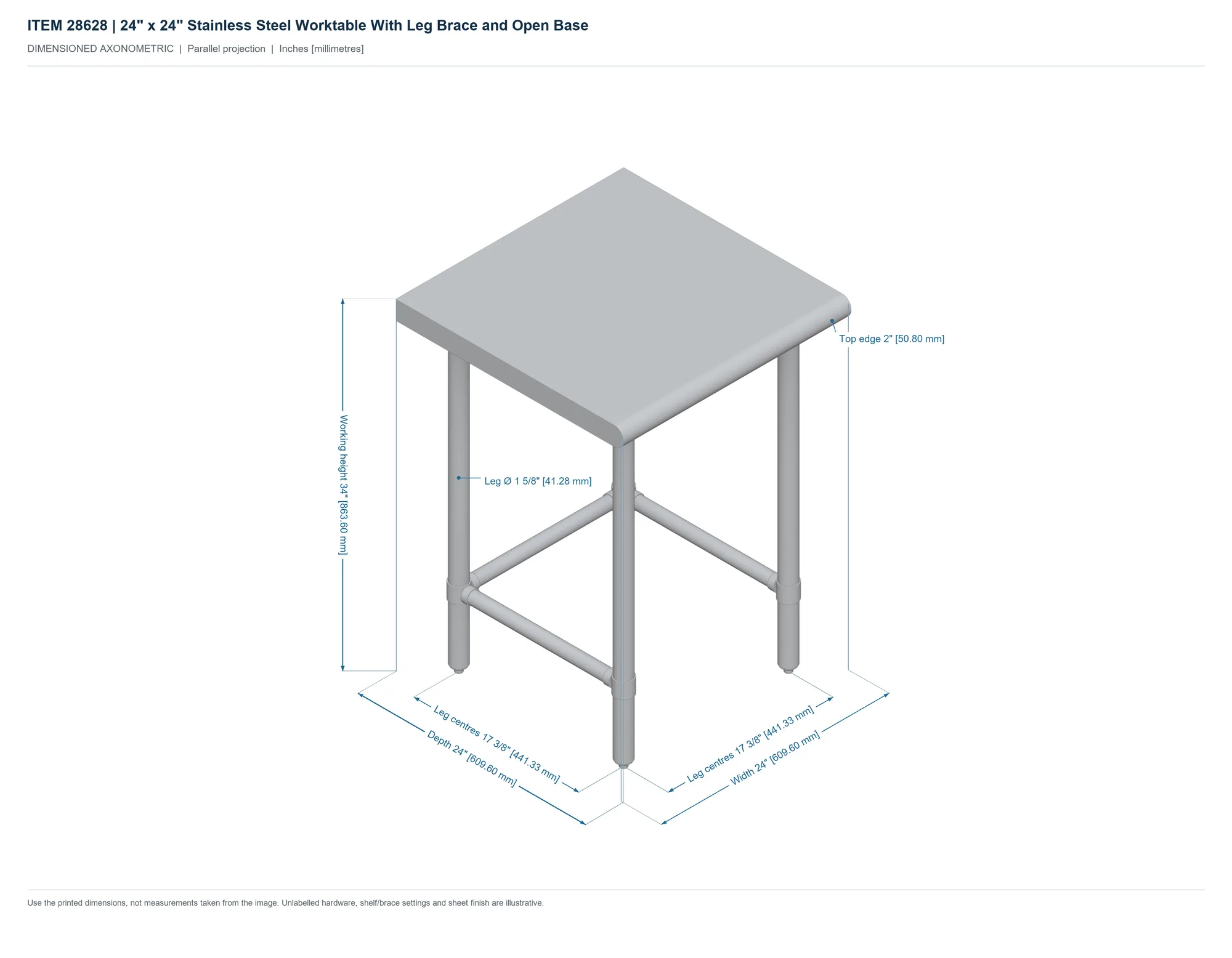 24″ x 24″ Stainless Steel Worktable With Leg Brace and Open Base