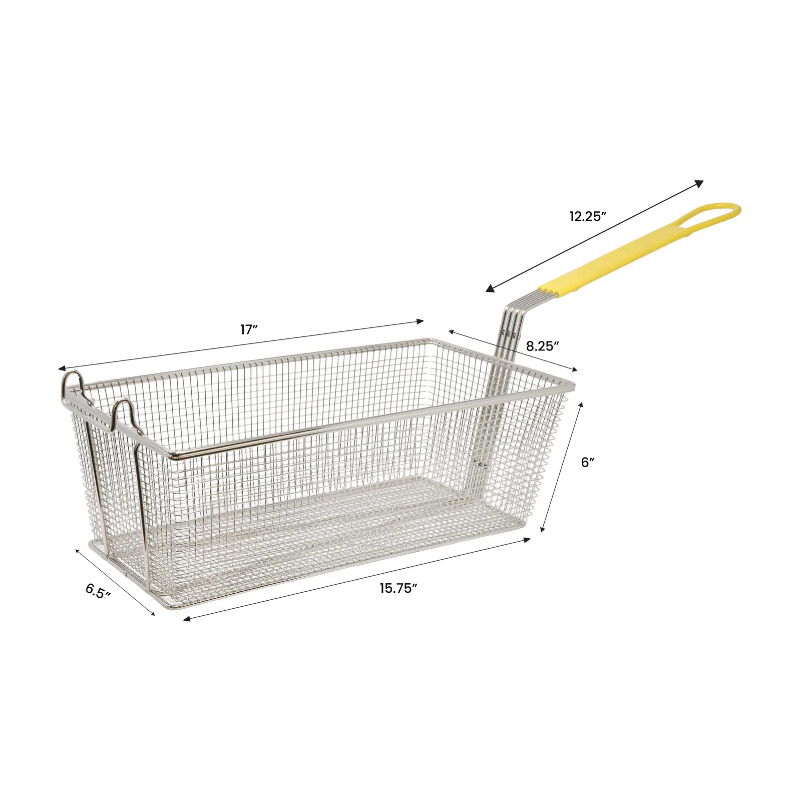 17″ x 8 1/4″ x 6″ Nickel-Plated Iron Fryer Basket with Yellow Handle