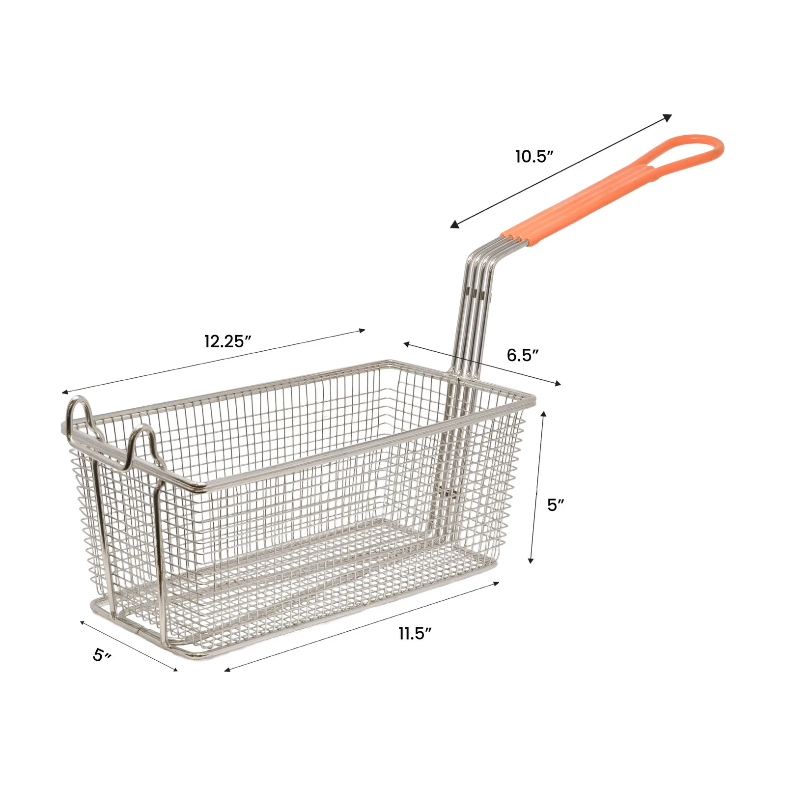 12 1/4″ x 6 1/2″ x 5″ Nickel-Plated Iron Fryer Basket with Orange Handle