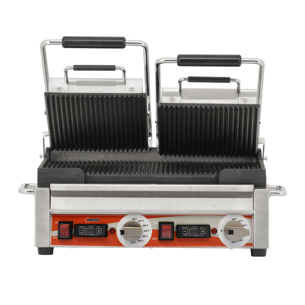 Double Panini Grill with Grooved Plates and Timer – 10″ x 18″ Cooking Surface – 220V, 3200W