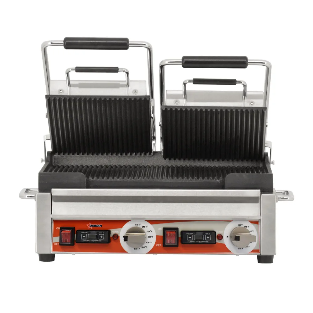Double Panini Grill with Grooved Plates and Timer – 10″ x 18″ Cooking Surface – 220 V, 3200 W
