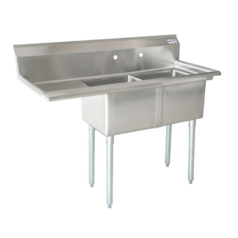 74 1/2″ x 29 1/2″ x 44″ Overall (24″ x 24″ x 14″ Tub) 18-gauge stainless steel Two Tub Sink with 1.8″ Corner Drain and Left Drainboard