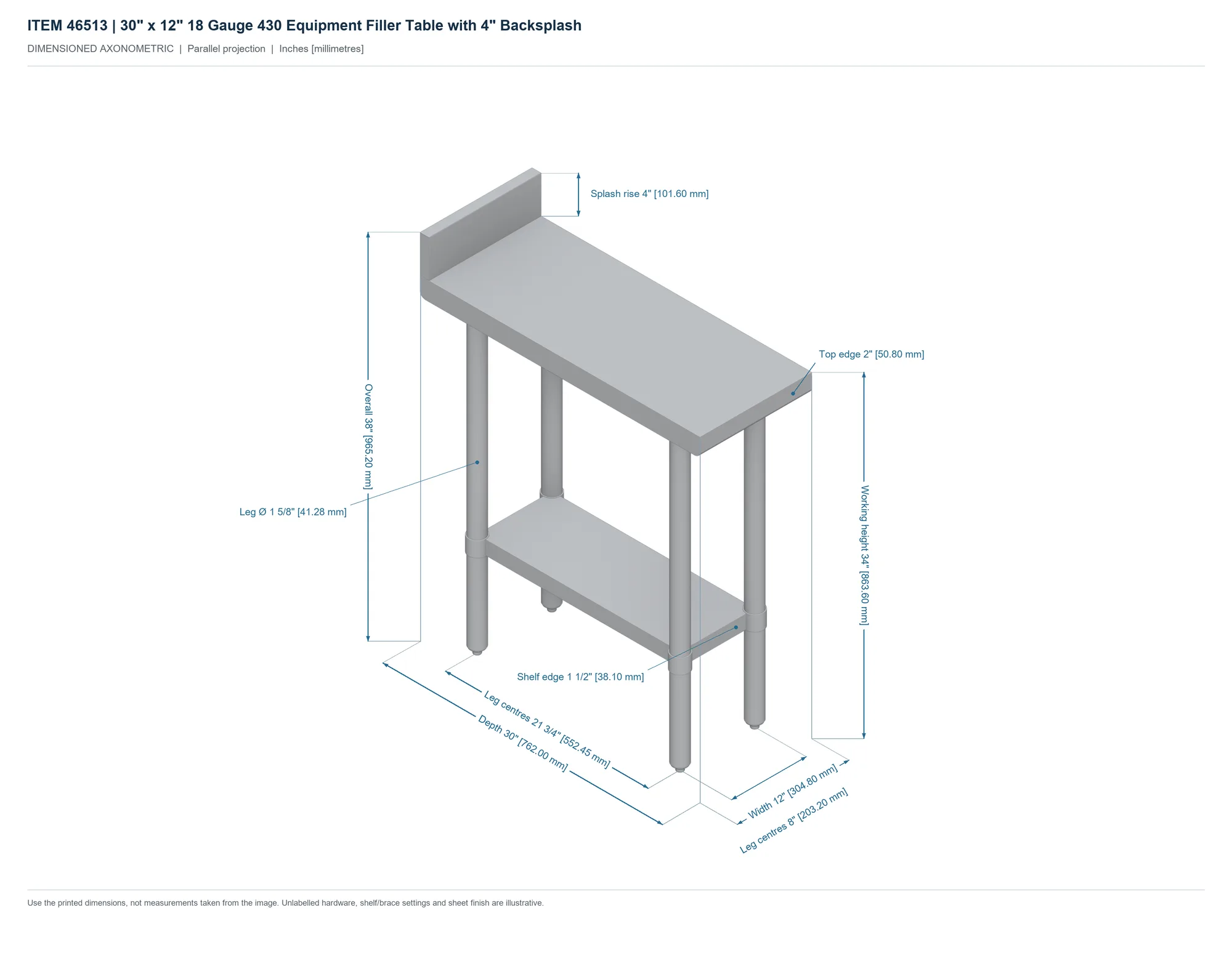 30″ x 12″ 18 Gauge 430 Equipment Filler Table with 4″ Backsplash