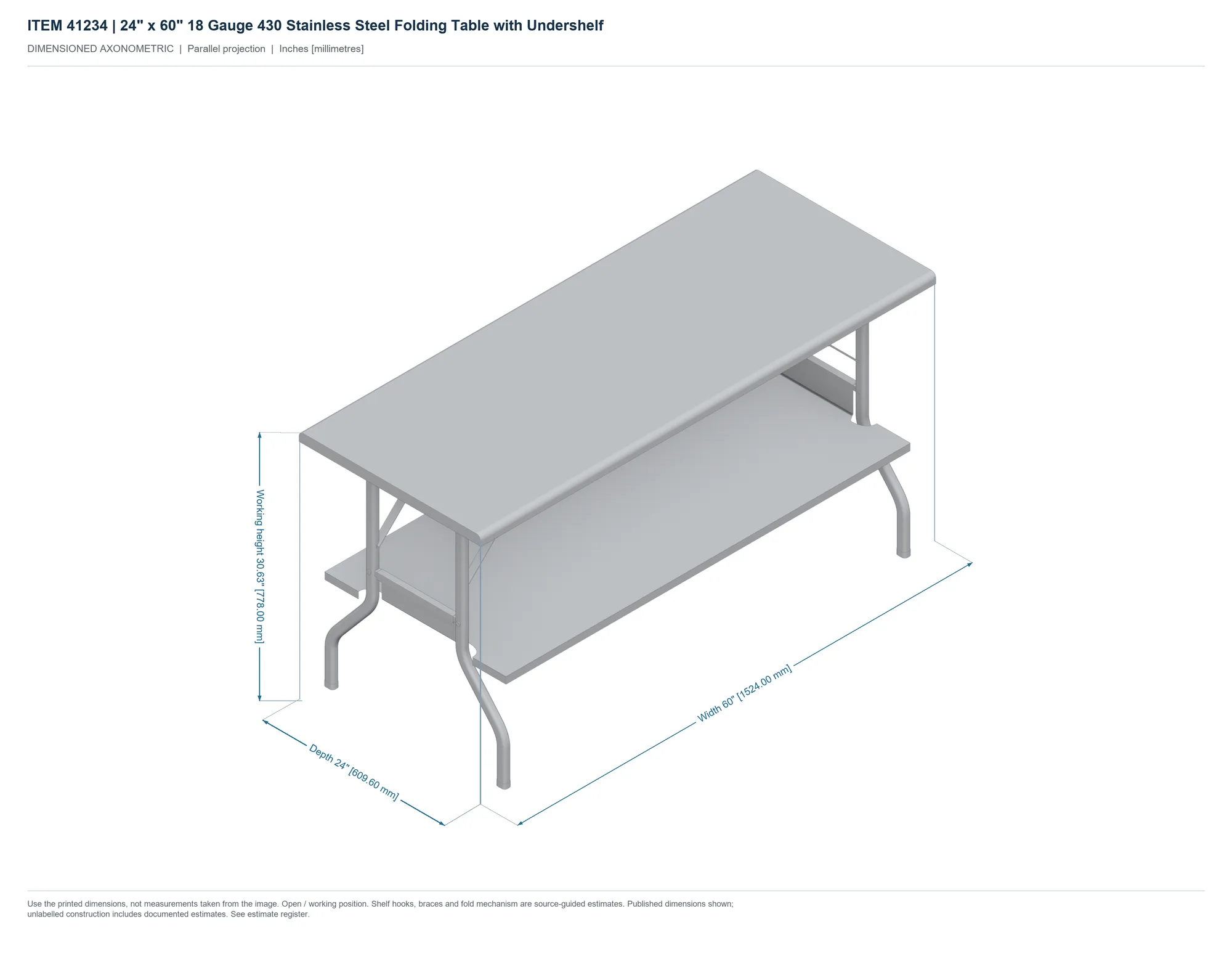24″ x 60″ 18 Gauge 430 Stainless Steel Folding Table with Undershelf