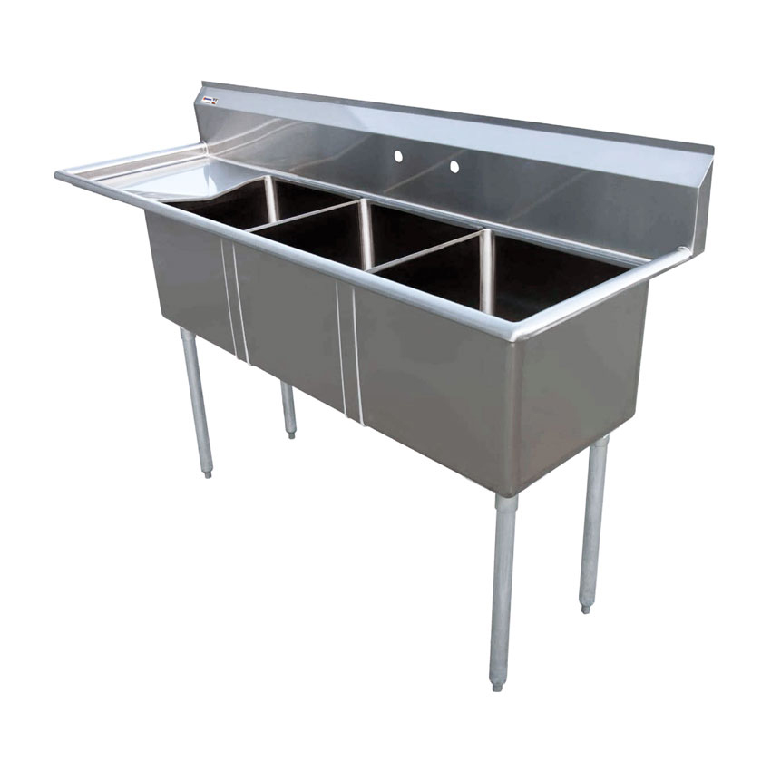 18″ x 18″ x 11″ Three Tub Sink with 1.8″ Corner Drain and Left Drain Board