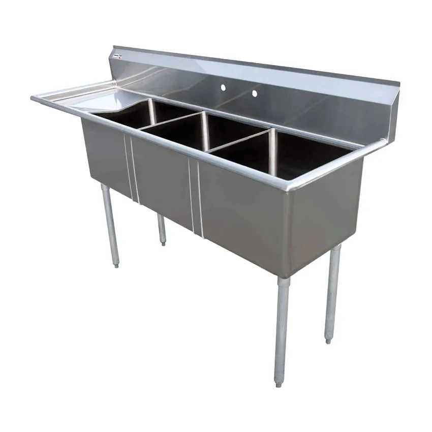 74 1/2″ x 23 1/2″ x 44″ Overall (18″ x 18″ x 11″ Tub) 18-gauge stainless steel Three Tub Sink with 1.8″ Corner Drain and Left Drainboard
