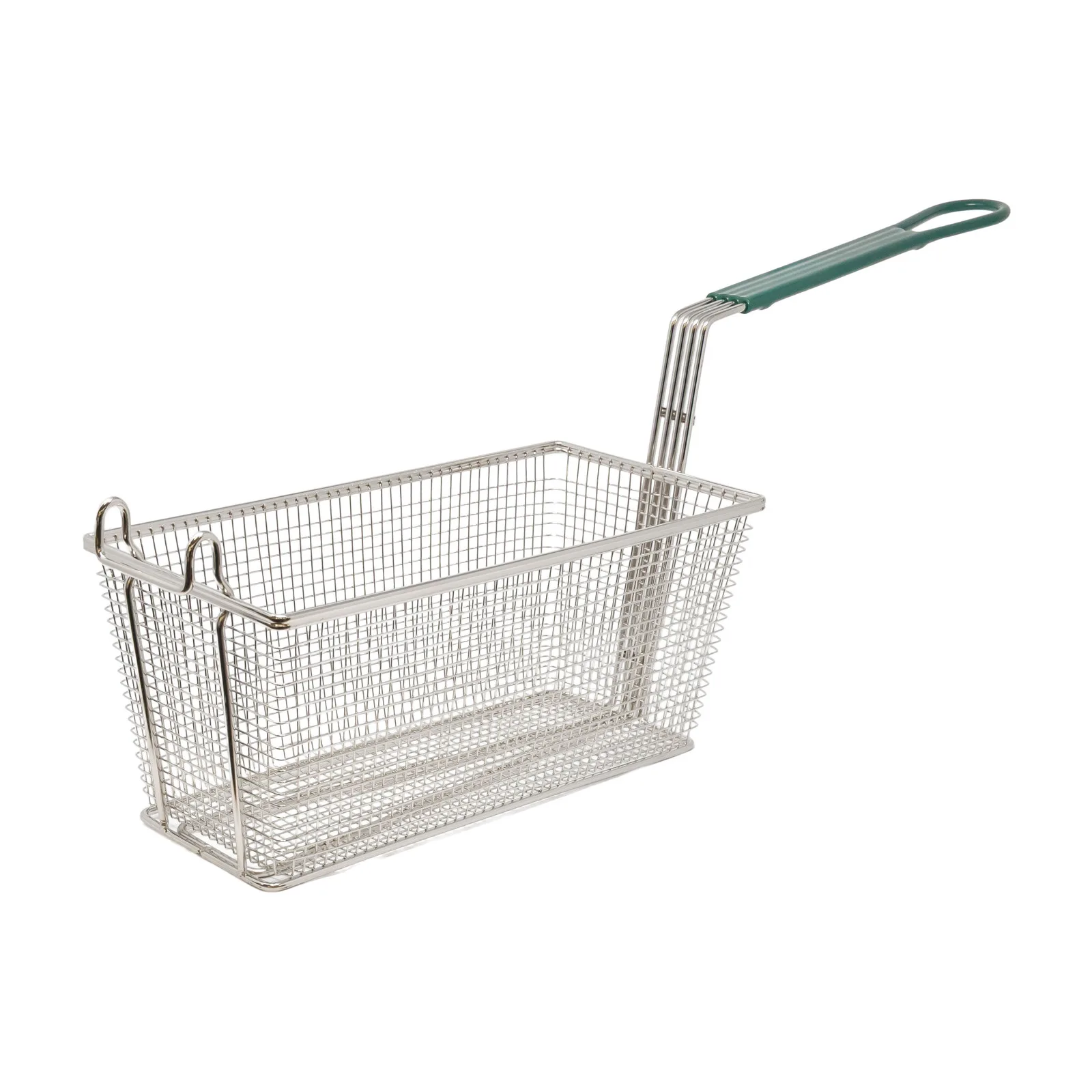 13 1/4″ x 6 1/2″ x 6″ Nickel-Plated Iron Fryer Basket with Green Handle