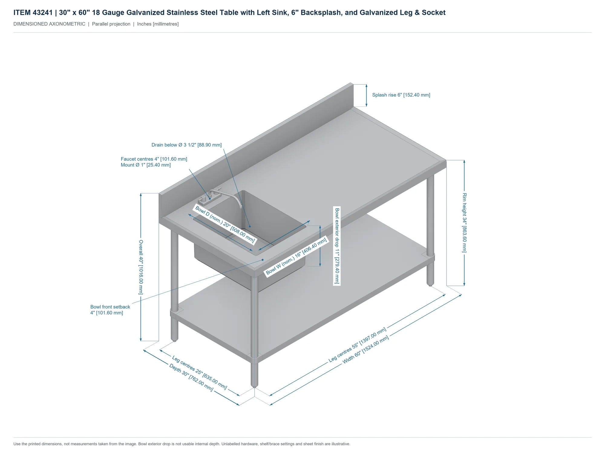 30″ x 60″ 18 Gauge Galvanized Stainless Steel Table with Left Sink, 6″ Backsplash, and Galvanized Leg & Socket