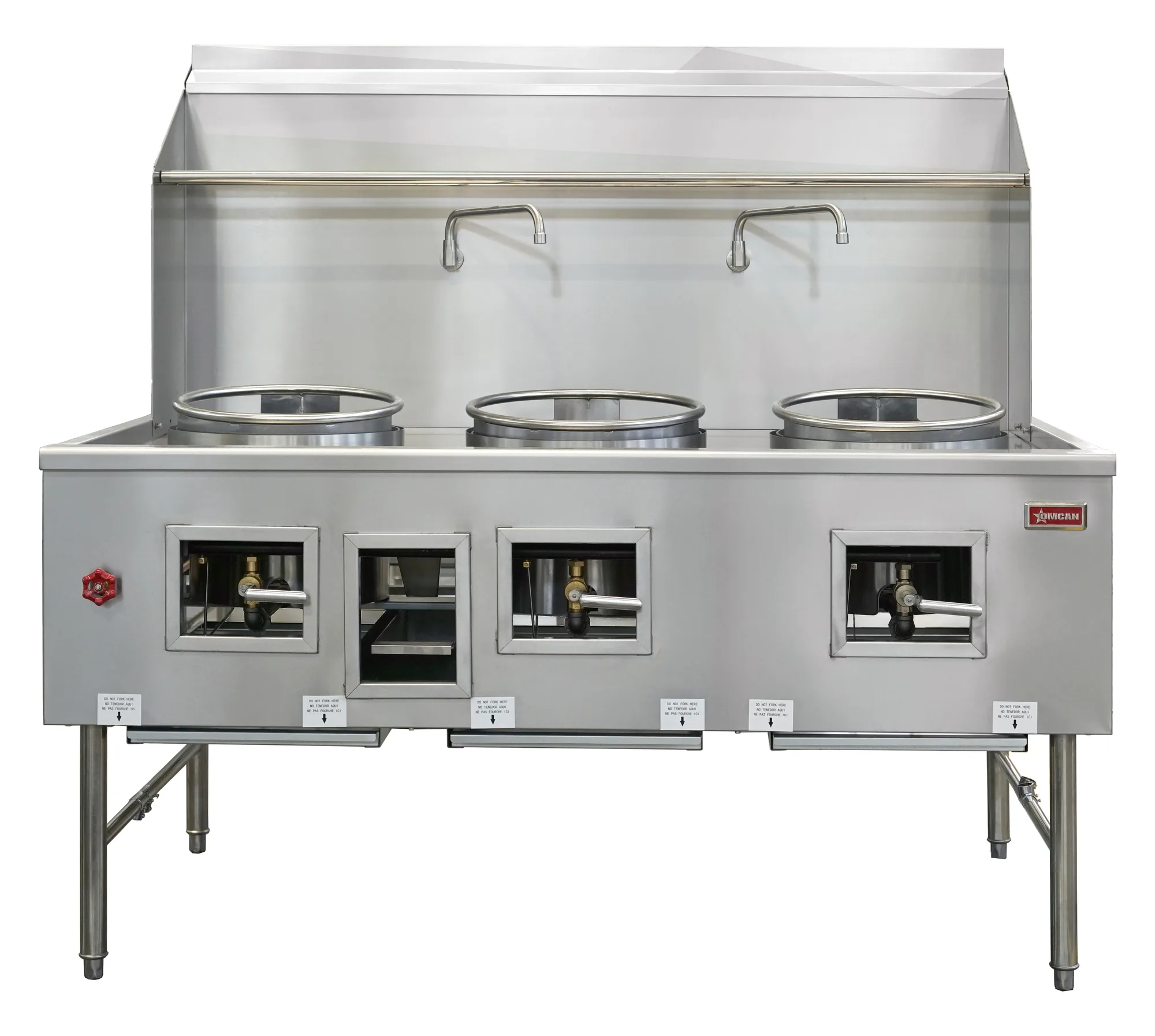 Three Chamber Wok Range with Three 16″ Ring, Backsplash, Faucet, 375,000 BTU – Natural Gas