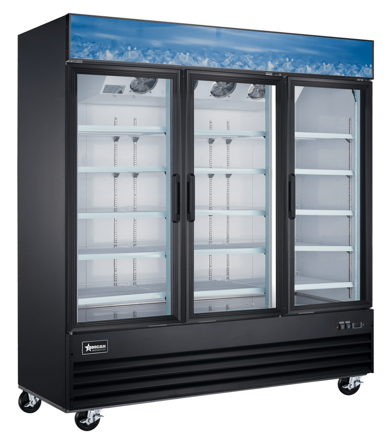 80” Black Display Freezer, 3-Glass Door,  52.3cu.ft. (1650L) Capacity – 110V, 1,600W