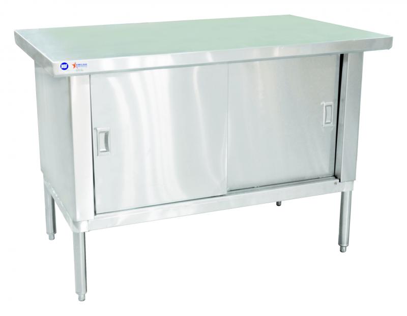 30″ x 48″ Stainless Steel Worktable Cabinet with Sliding Door and Overhang Edge, 18 Gauge