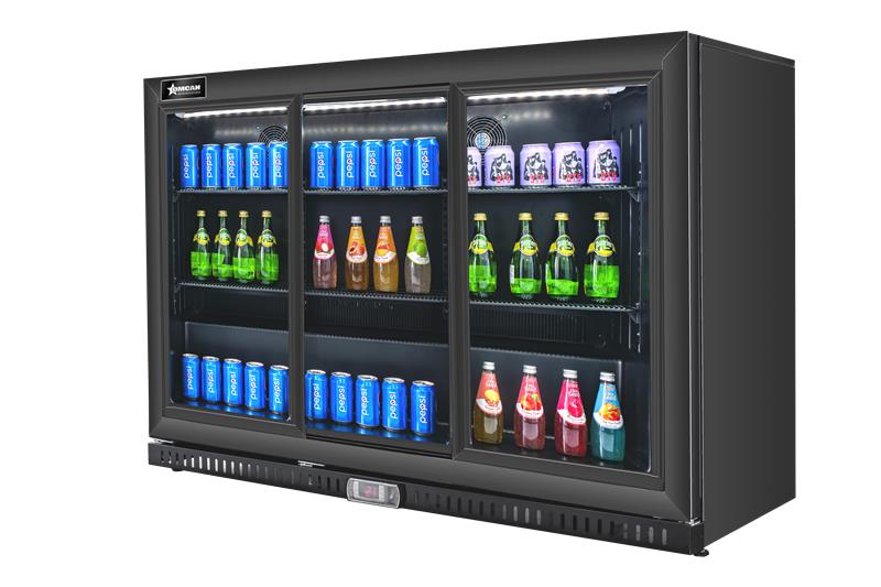54" Back Bar Black Beverage Cooler, Triple Sliding Door with Lock, 11.6 cu.ft