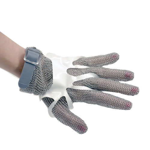 Five Finger Stainless Steel Mesh Glove with Gray Silicone Strap – Extra Small