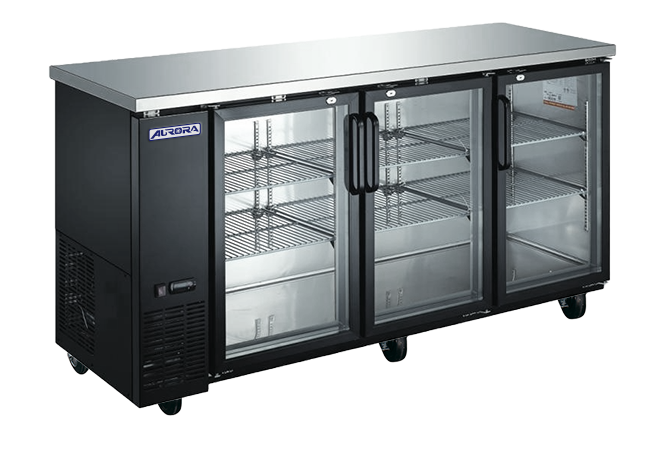 Aurora 73″ Black Back Bar Cooler, 3 Glass Doors,18.5 cu.ft. (525L) Capacity with Stainless Steel Countertop – 110V, 396W