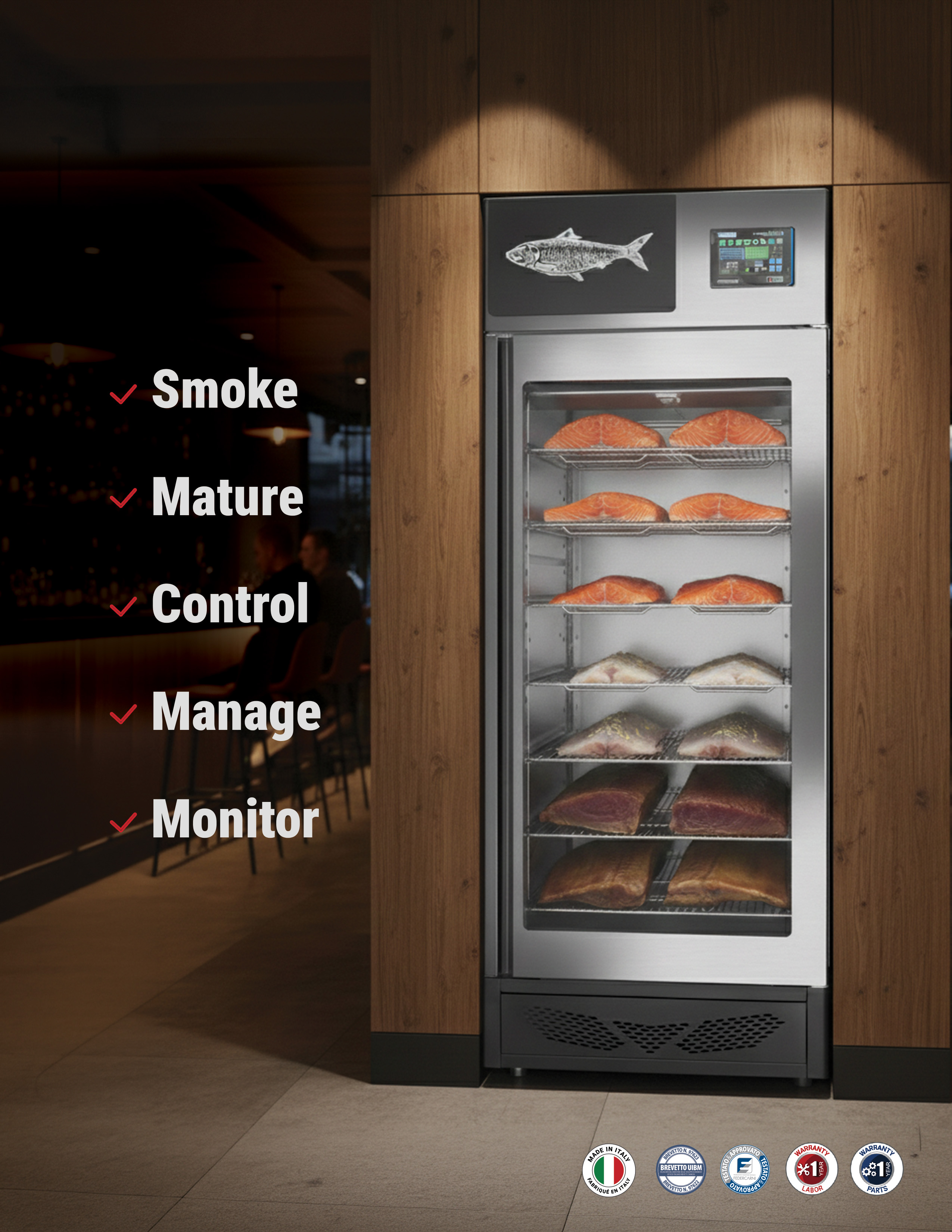 Stagionello Pesciugatore® 220 + 220 lb (100 + 100 kg) Fish Curing Cabinet 4.0 with ClimaTouch® and Fumotic®