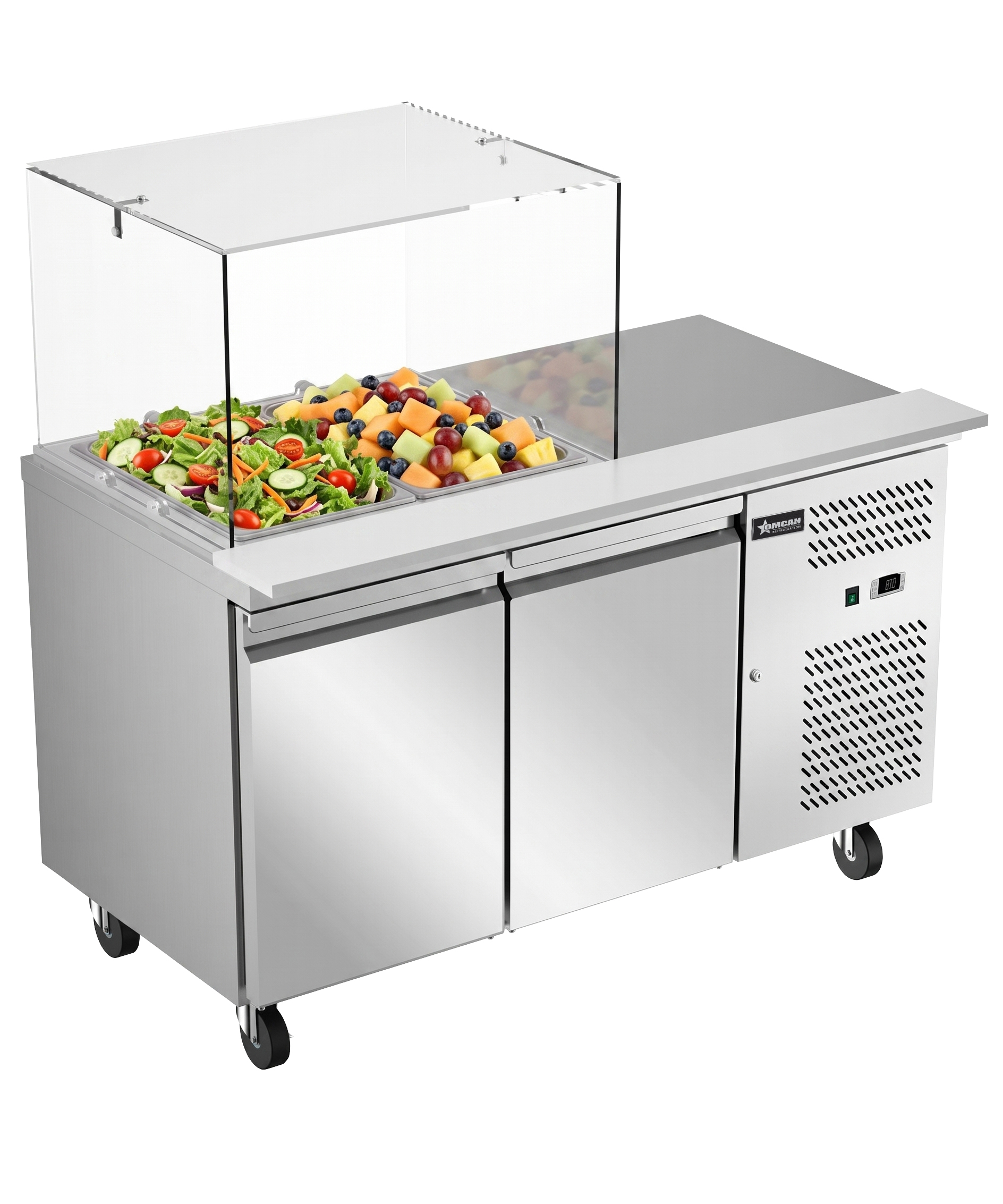 54” Refrigerated Salad Prep Table with 2 Doors and Square Sneeze Guard - 110 V/60 Hz/1 Ph