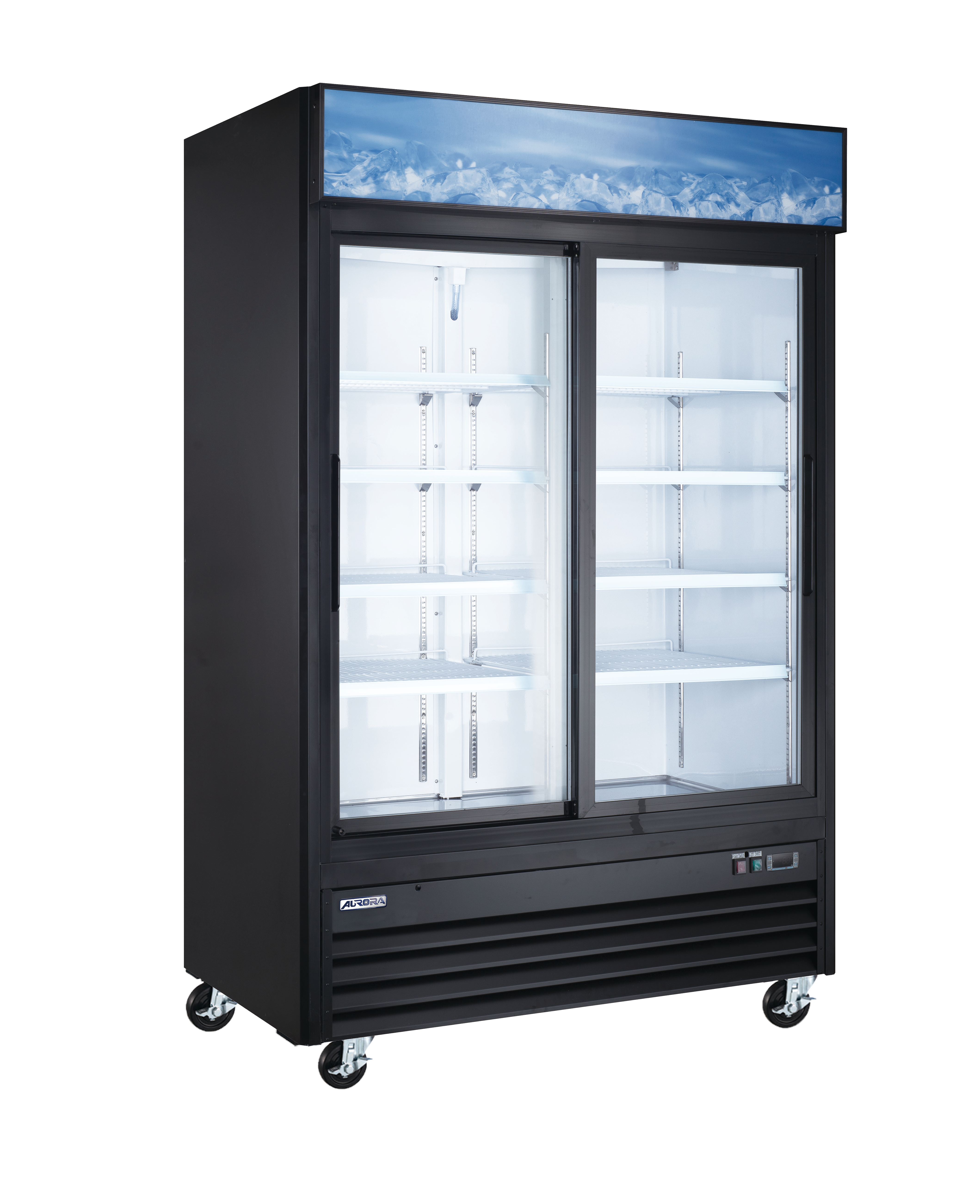 Aurora 54″ Display Refrigerator, 2 Sliding Glass Doors, 45 cu.ft. (1274 L) Capacity with Lightbox, Black – 120V, 249W