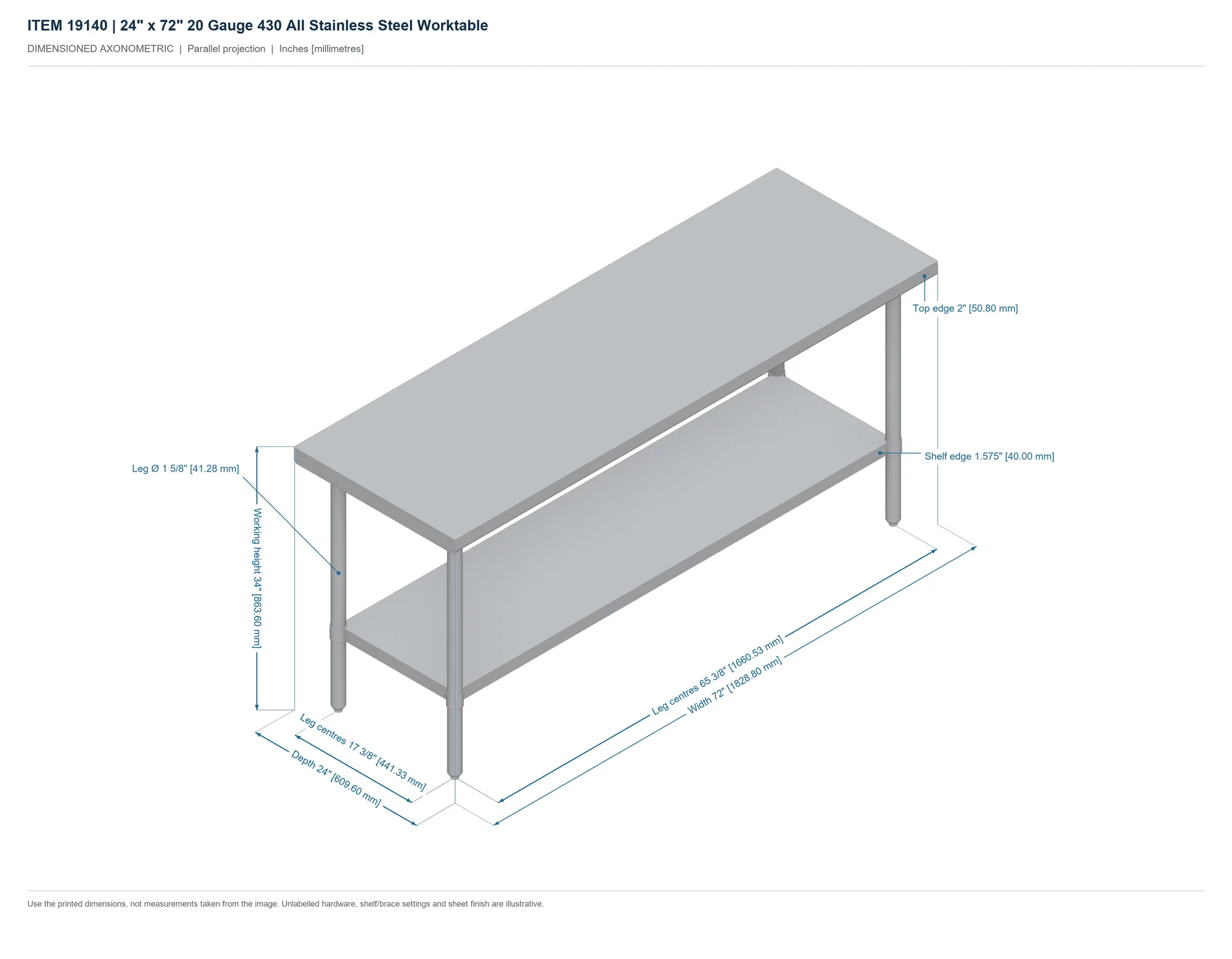 24″ x 72″ 20 Gauge 430 All Stainless Steel Worktable