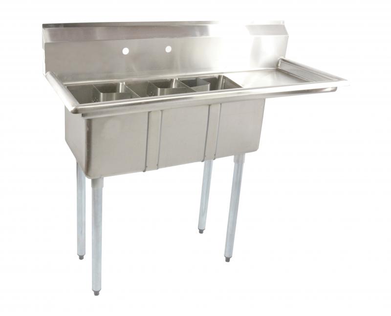 10″ x 14″ x 10″ Stainless Steel Three Tub Space Saver Sink with 16″ Right Drain Board with Corner Drain