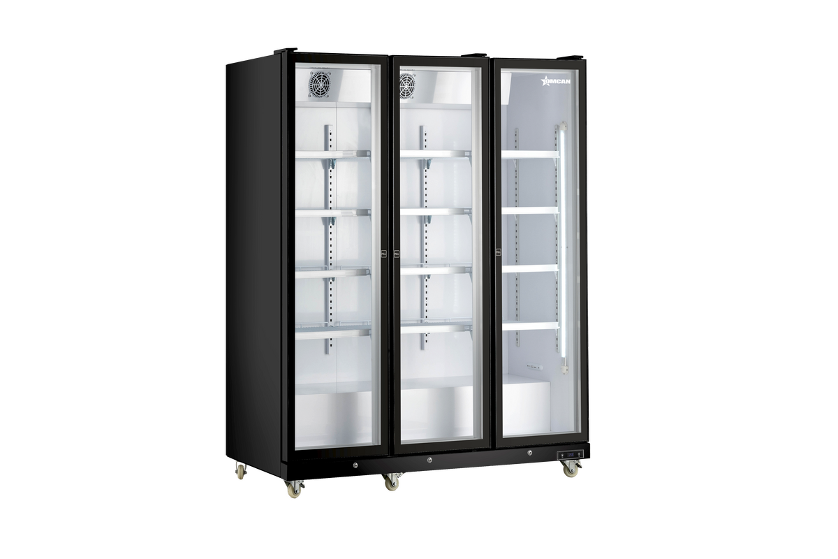 72” Refrigerator Black Glass 3 Door Merchandiser with LED Light, 1500 L (53 cu.ft.), 115V/60Hz/1Ph