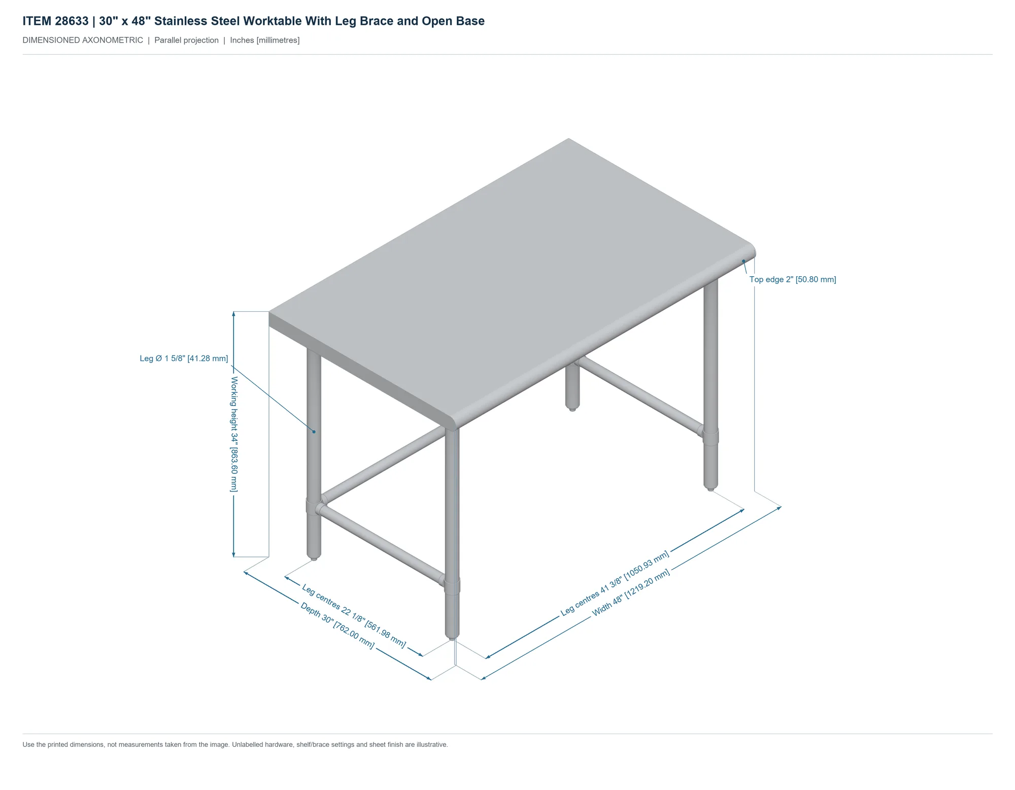 30″ x 48″ Stainless Steel Worktable With Leg Brace and Open Base
