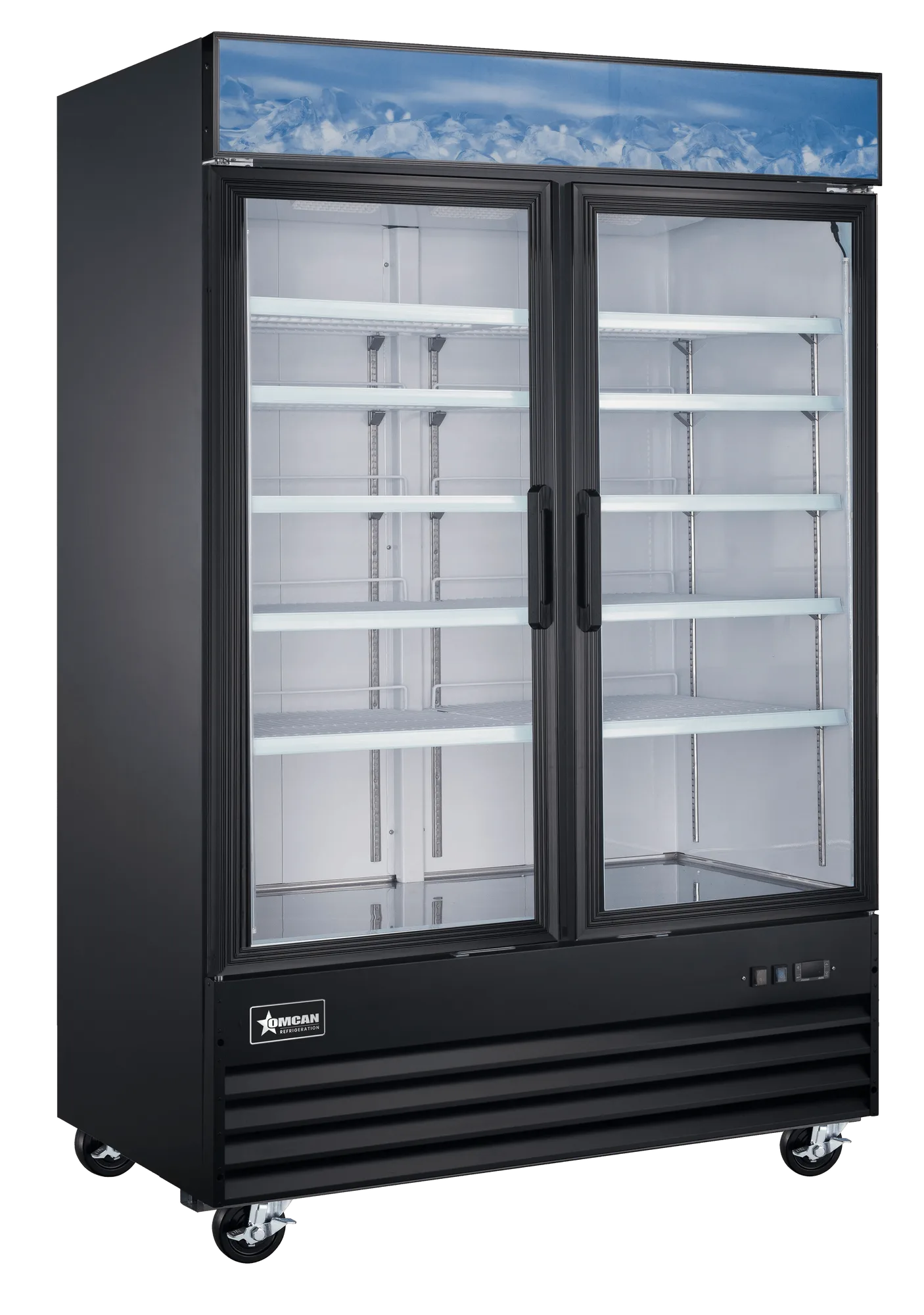 53″ Two (2) Glass Door Display Freezer, 45 cu. ft. (1270 L), Black