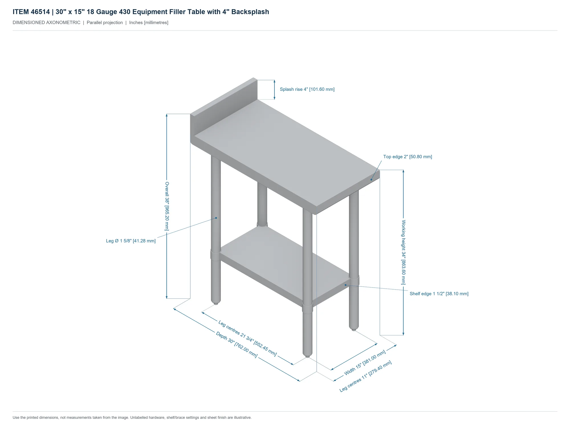 30″ x 15″ 18 Gauge 430 Equipment Filler Table with 4″ Backsplash