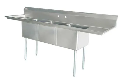 90″ x 26 1/2″ x 44″ Overall (18″ x 21″ x 14″ Tub) 18-gauge stainless steel Three Tub Sink with 1.8″ Corner Drain and Two Drainboards