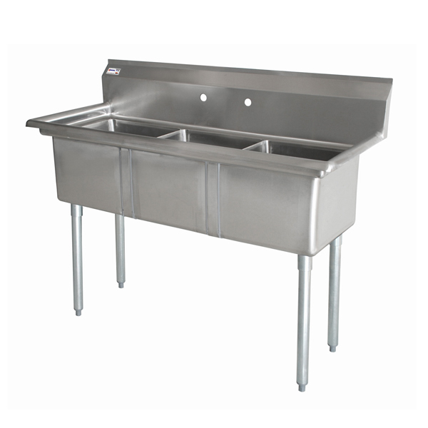 10″ x 14″ x 10″ Three Tub Sink with 3.5″ Center Drain and No Drain Board