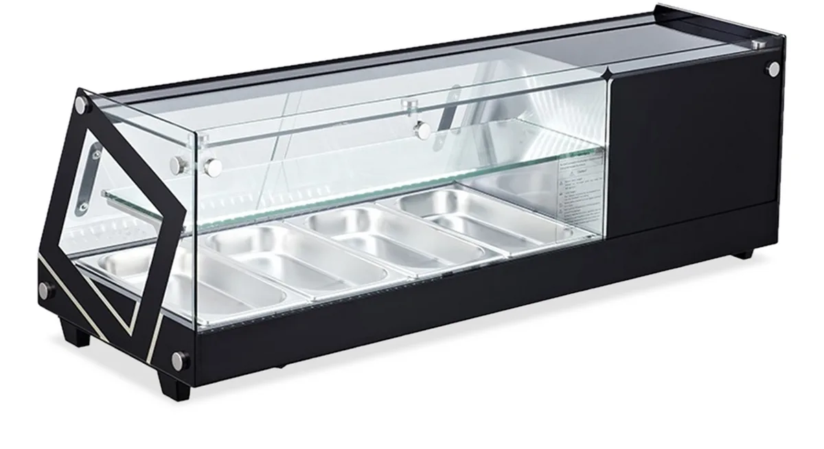 Omcan RS-CN-0044 with its metal food inserts and upper shelf