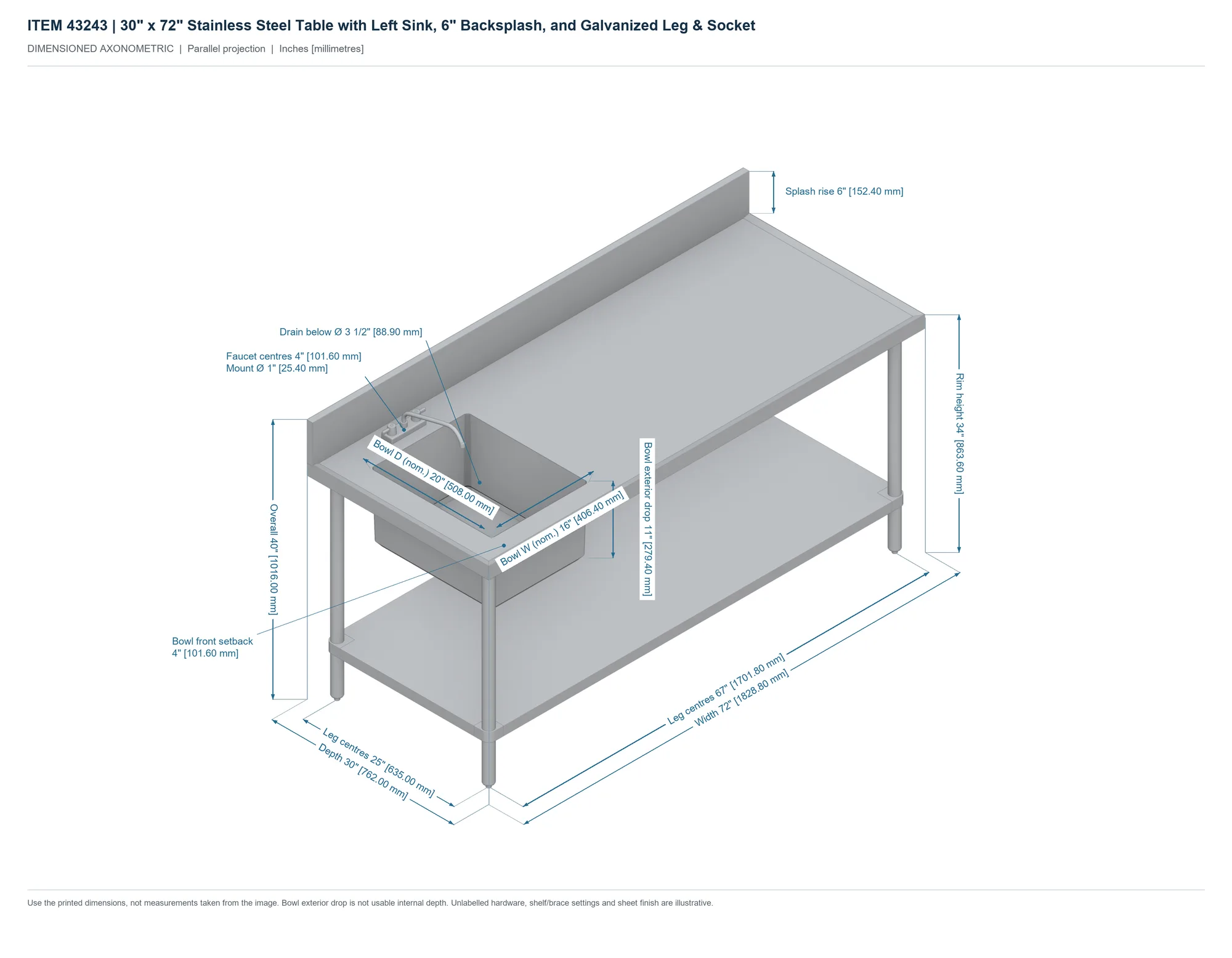 30″ x 72″ Stainless Steel Table with Left Sink, 6″ Backsplash, and Galvanized Leg & Socket